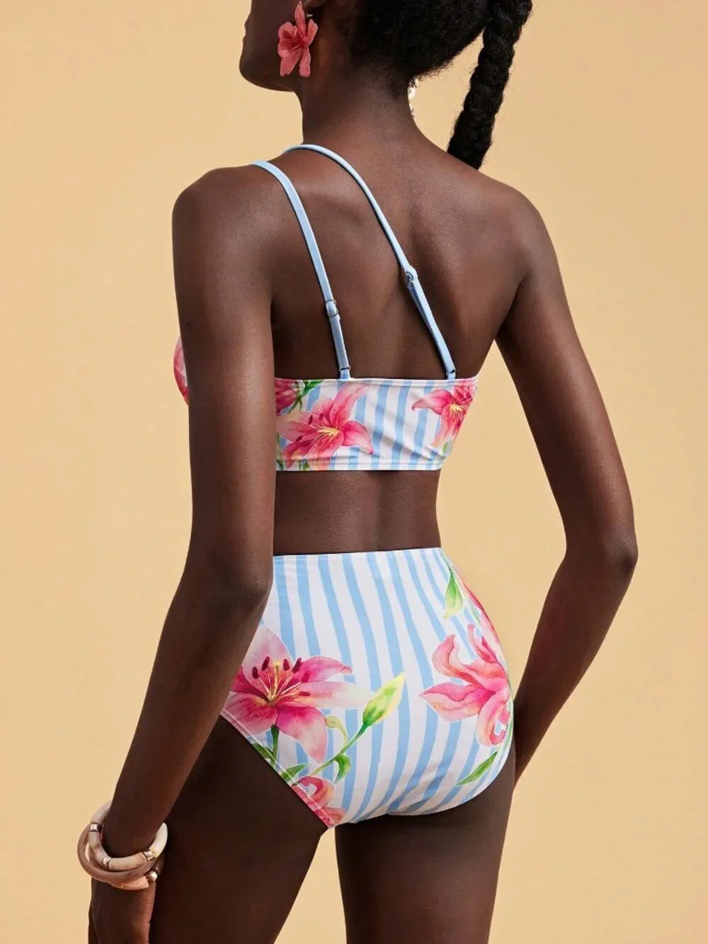Multicolor Casual Floral Striped Women's bikini Set